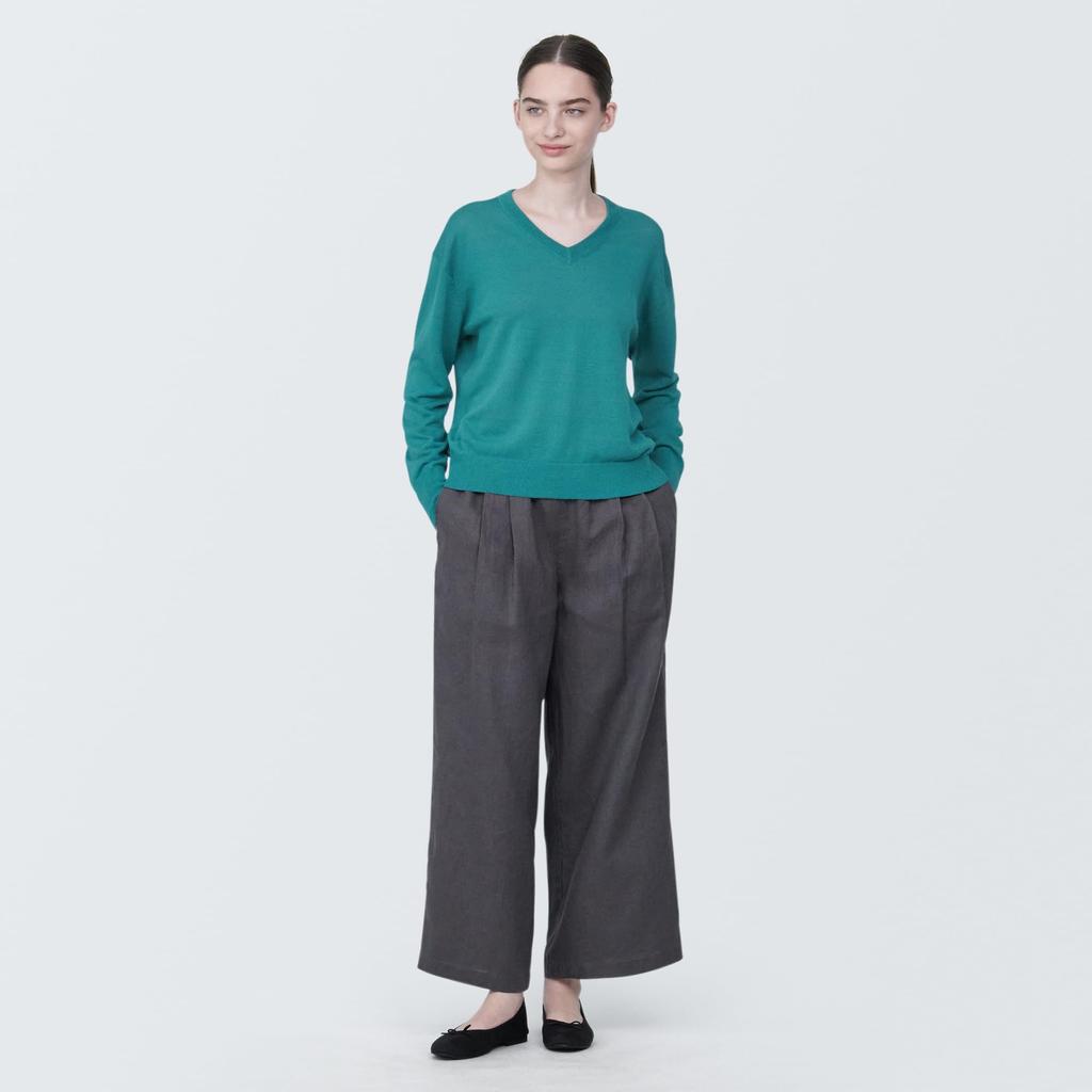 MUJI Hemp Blend Dark Size BA1OHA4S Women's UV-Cut V-Neck Sweater, Green, XL,