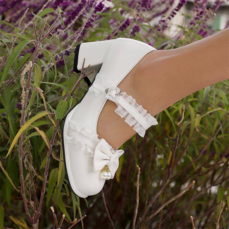 Dámské Lolita Mary Janes Lodičky s kulatou špičkou Silný střední podpatek Spona Kawaii Mašlička Volánky Dámské Cosplay Boty Jaro Podzim 43