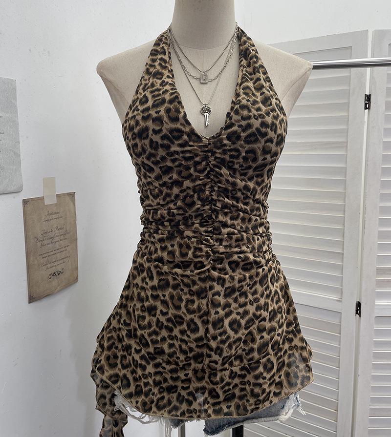 Leopard Print Halter Neck Camisole with Chest Pads, Open Back, Flowing Ribbon, V-Neck Sleeveless Top 9278 One Size хаки