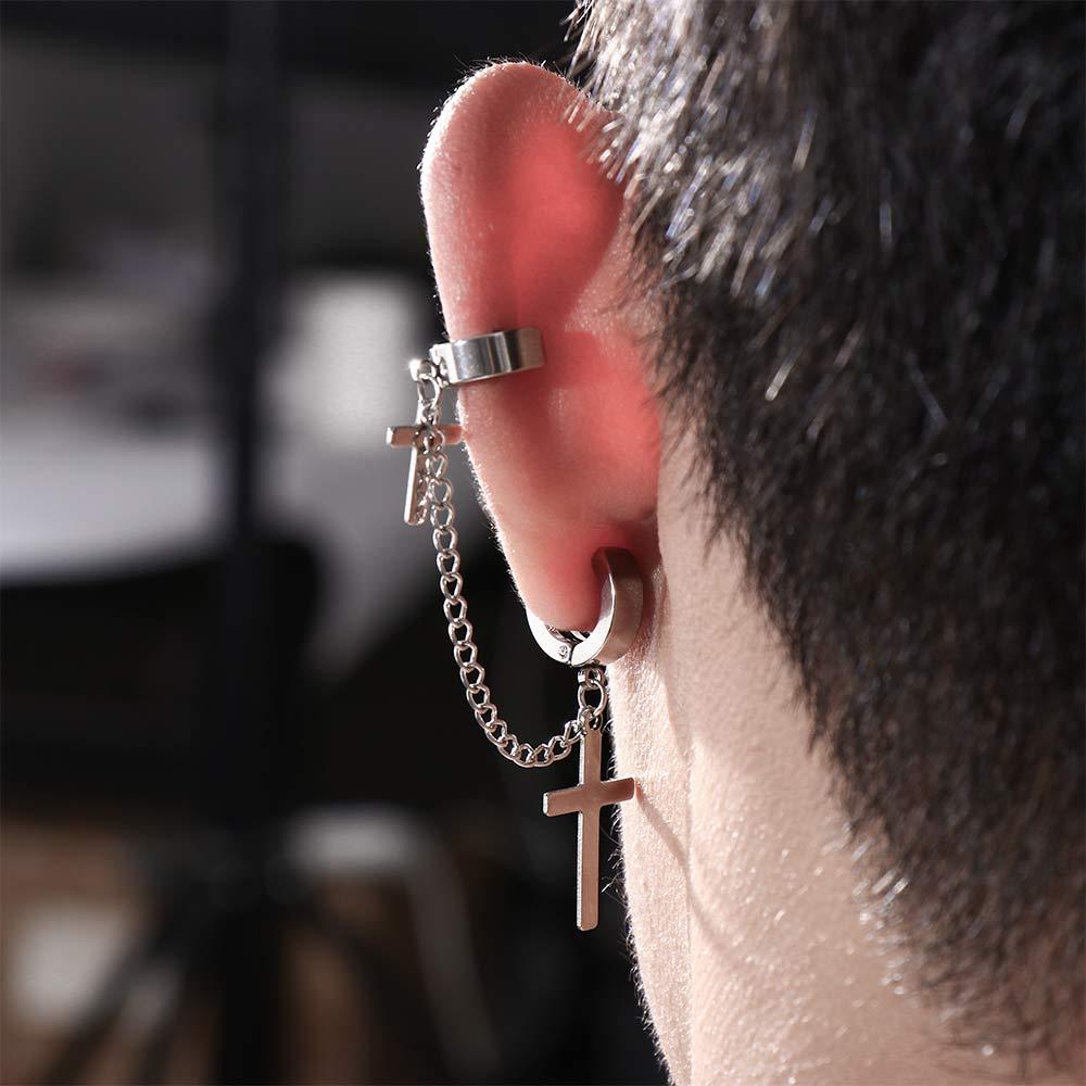 Punk Cross No Pierced Chain Tassel Korean Stud Earrings Men Ear Cuff Dangle Earrings Women Ear Clip
