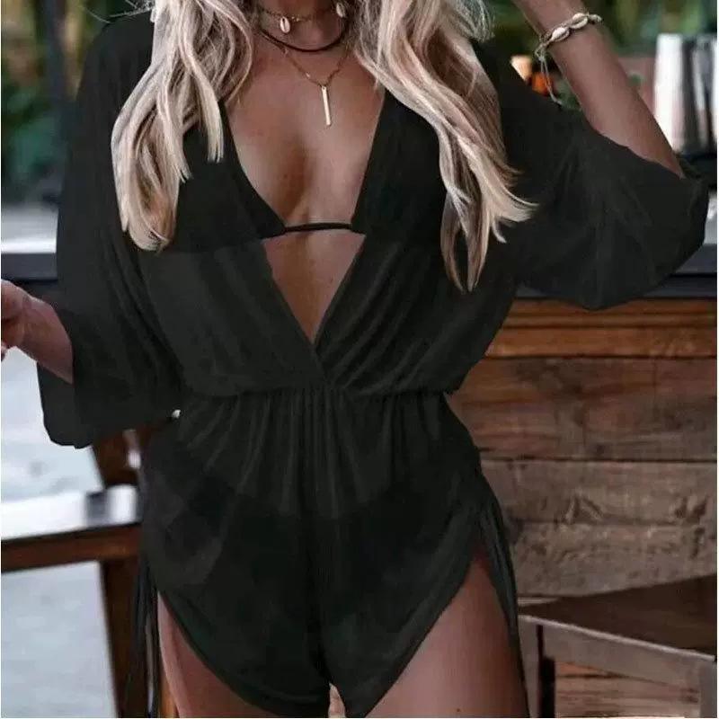 Fashionable Deep V Neck Long Sleeve Tulle Cover Up With Printed Halter Neck Tie Side Bikini 3 Piece Beach Vacation Swimwear Set