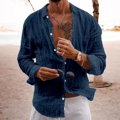 New Cotton-linen Blend Men's Long-sleeved Shirt Solid-colour Lapel Casual-style Shirt