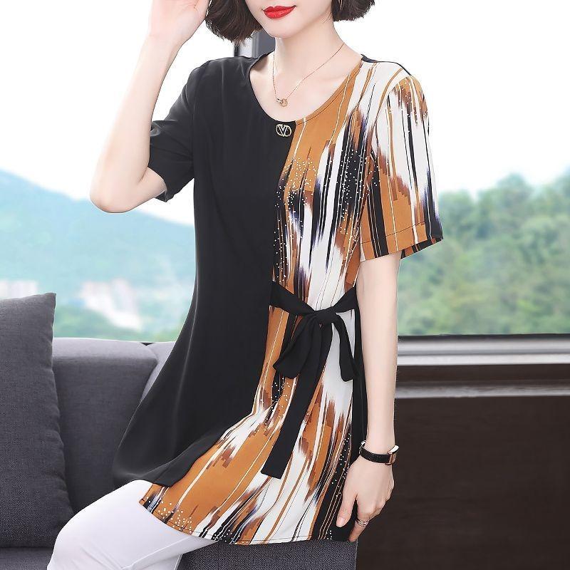 Short-sleeved T-shirt Women's Summer New Fashion Mom's Mid Length Plus Size Slimming Top