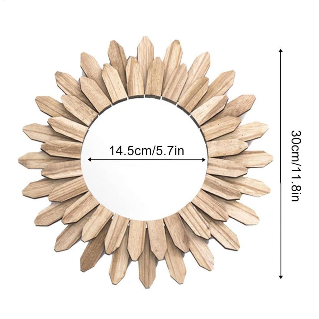 Wooden Mirror for Wall Round Wall Decor Decorative Sunflower Hangable Wooden Mirror for Dining Bathroom Living Room Hallway