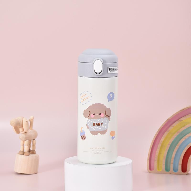 Cute Animal Design Insulated Cup, Stainless Steel Bouncing Lid Bottle, Portable Straw Cup Bpa-Free Sports Tumbler Coffee Cup 380ml