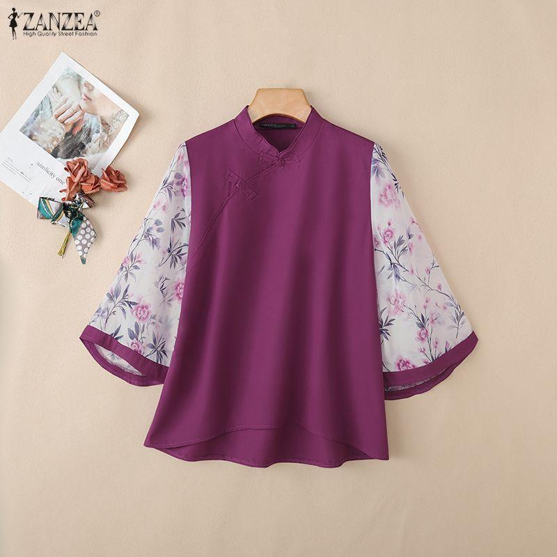 ZANZEA Damen Freizeit Print Transparent Einsatz 3/4 Ärmel Stehkragen Bluse
