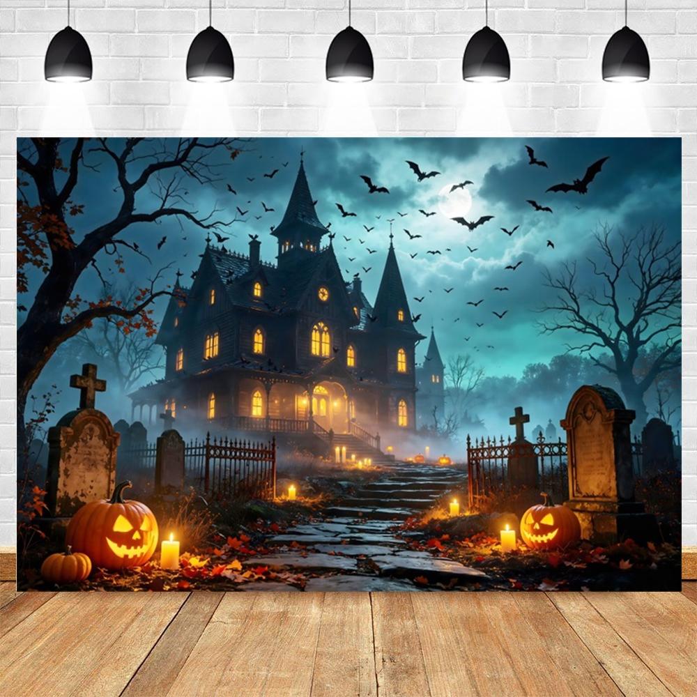 Halloween Full Moon Suburbs Cemetery Backdrop Scary Skull Castle Pumpkin Lantern Family Festival Party Decor Photo Background