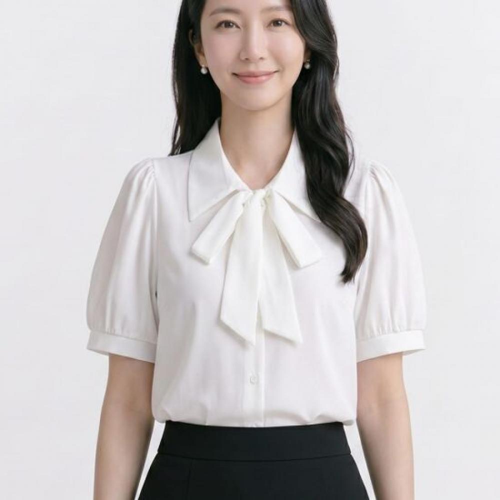Navava Women Ribbon Neck Collar Short Sleeve Blouse Shirt Nb3184