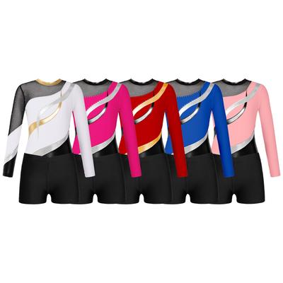 Girls Shiny Rhinestone Dance Leotard Long Sleeve Cutout Back Patchwork Design V Front Waistband Shorts Outfit