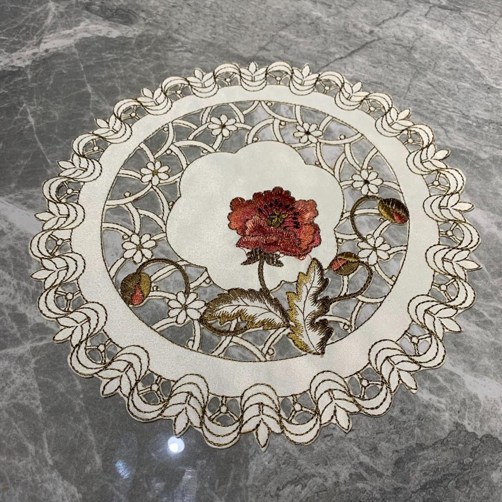 New round placemat, fabric embroidery hollow household heat insulation coaster embroidered western food mat