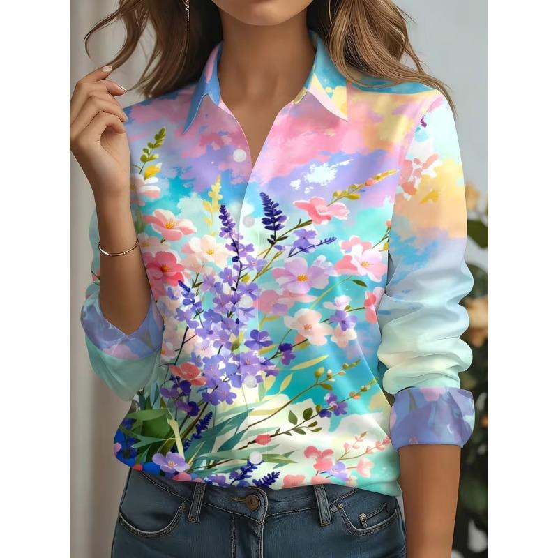 2026 Autumn New 3D Floral Print Blouse Ladies Long Sleeve Button Laple Loose Shirt Tops Casual Fashion Spring Women's Clothing