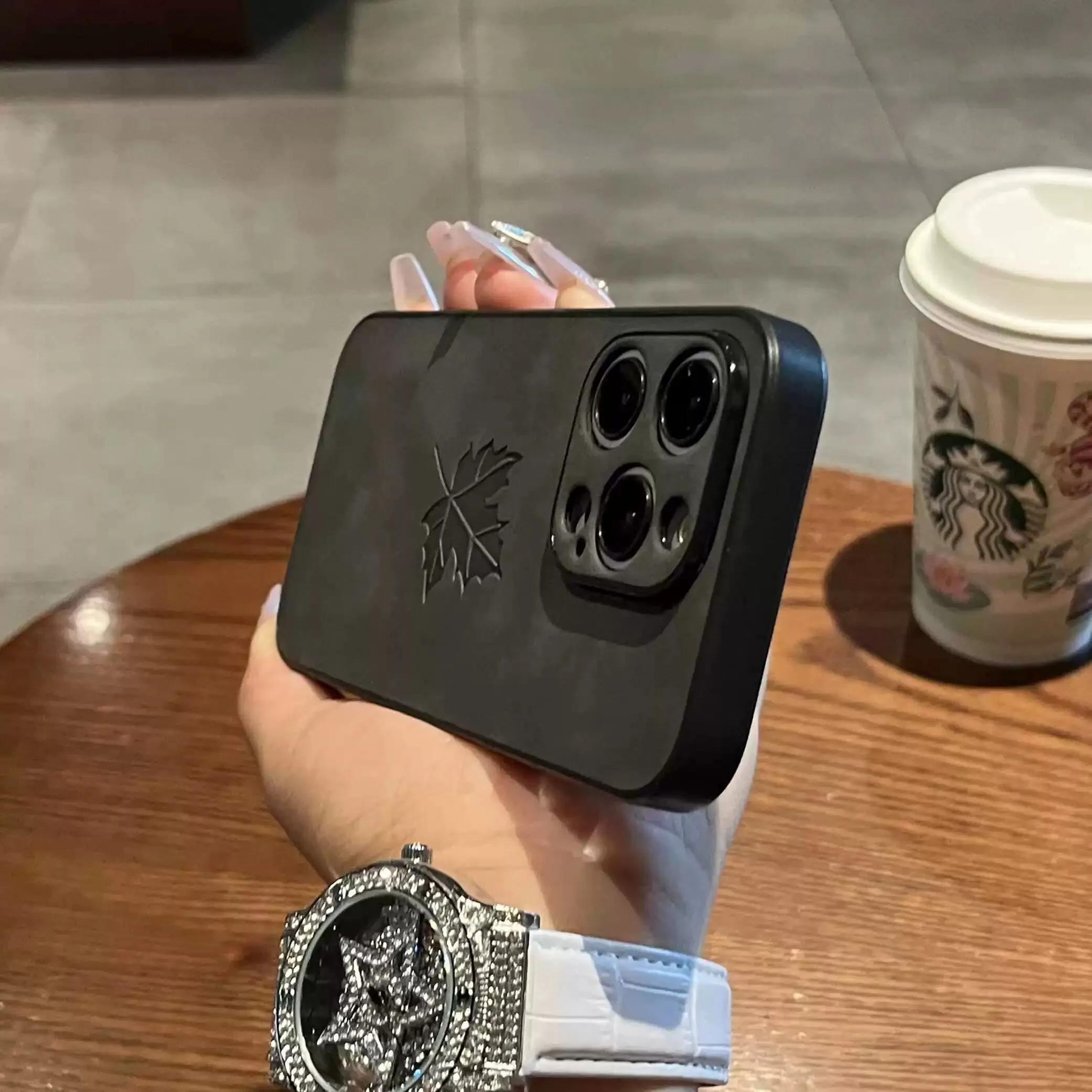 

Розкішний матовий чохол для телефону з листям кори дерева для iPhone 17Air 16 11 12 13 14 15 Pro Max Plus X Xs Max XR Захисні чохли Задня кришка For iPhone 17Pro max чорний
