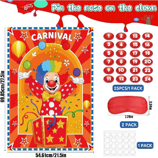 Outus Carnival Circus Theme Party Games Attach The Nose on The Clown Game Birthday Party Game Circus Pin Game and Activities for Boys Girls Carnival