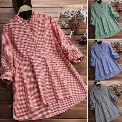 Women Plus Size Plaid Tunic Tops Casual Button Up Lapel Loose Swing Blouse Long Sleeve