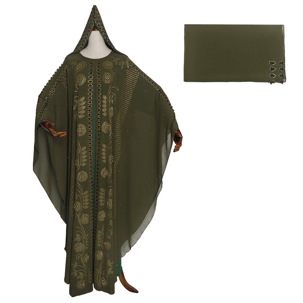 Plus Size Muslim Robe with Headscarf - Women's Fake Two-Piece Dress with Heavy Duty Hot Drill Detailing