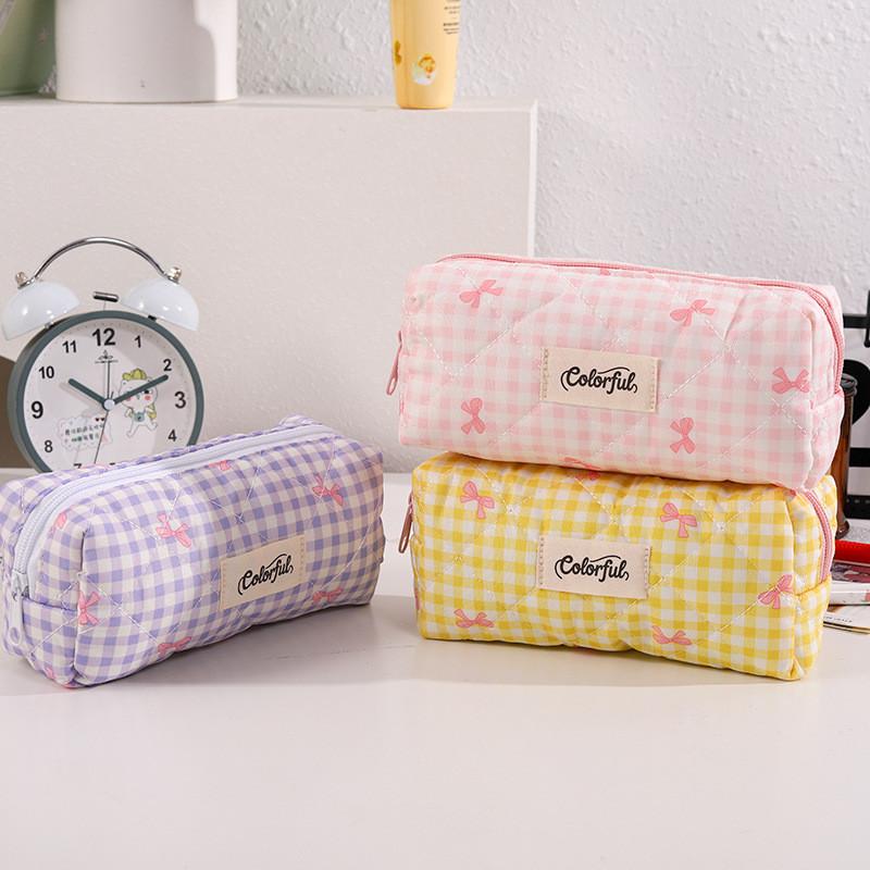 Cotton Bow Makeup Bag Pen Case For Girls With Large Capacity And Cute Storage