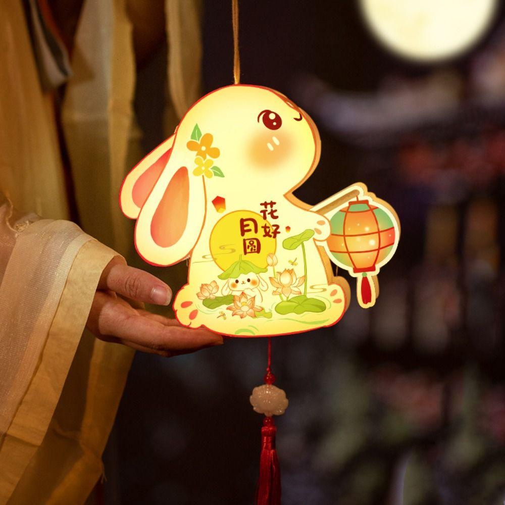 Kawaii PVC Mid-Autumn Festival Lantern Moon Glowing Rabbit Lanterns Luminous Flower Light Lantern DIY Material Package Kids