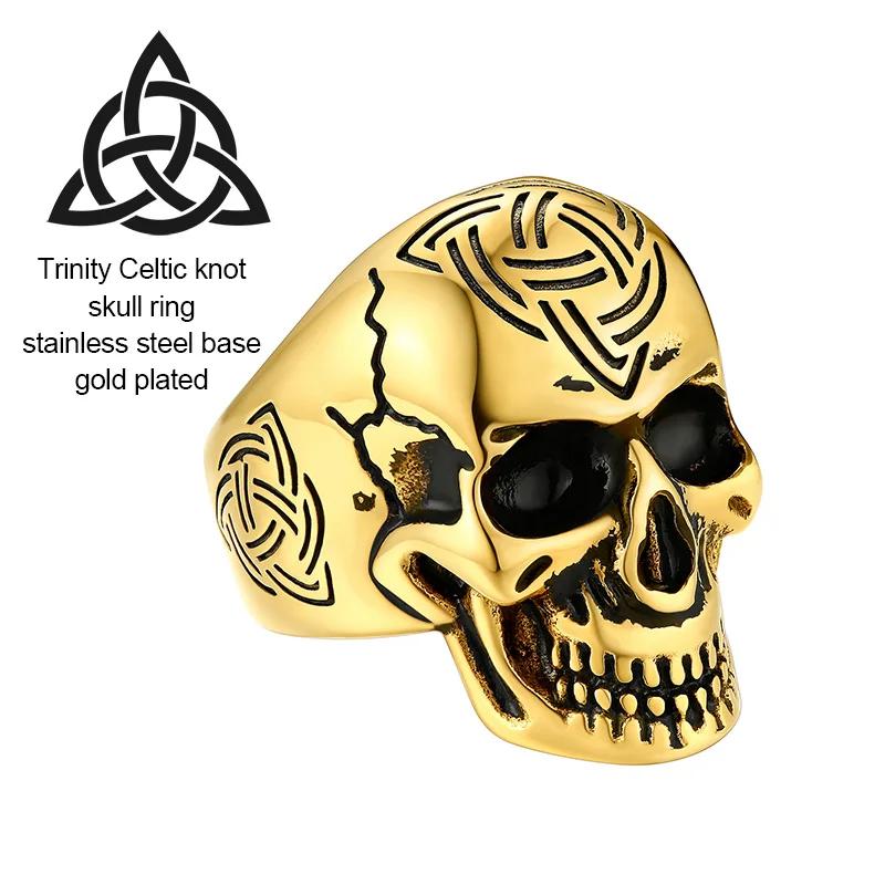 U7 Stainless Steel Big Skull Rings for Man Woman Size 7-14 Cross 3D Skeleton Cuban Chain Celtic Knot Pattern Gothic Punk Jewelry