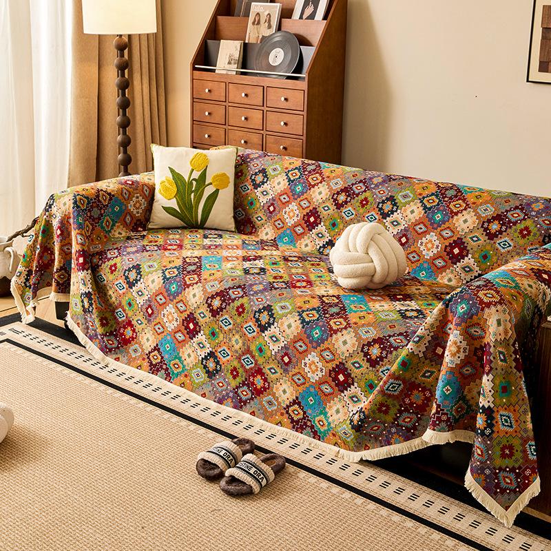 Jacquard Cotton Linen Sofa Towel Ethnic Style Thicken Settee Cloth Retro Style Living Room Dust Cover Multi Functional Blanket