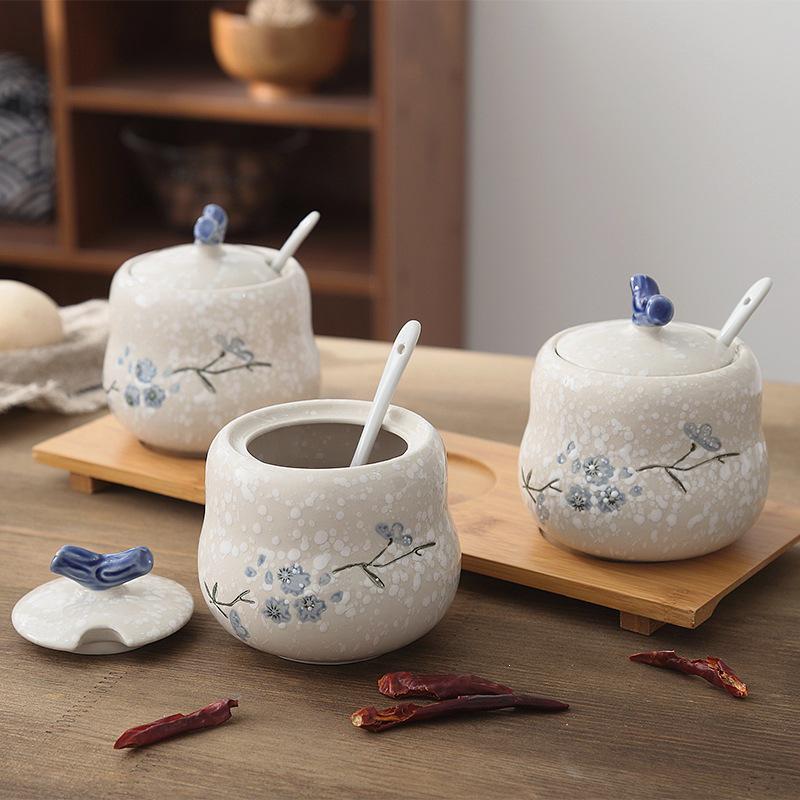 Ceramic Seasoning Jar with Lid & Spoon for Salt, Pepper, Sugar & Sauces