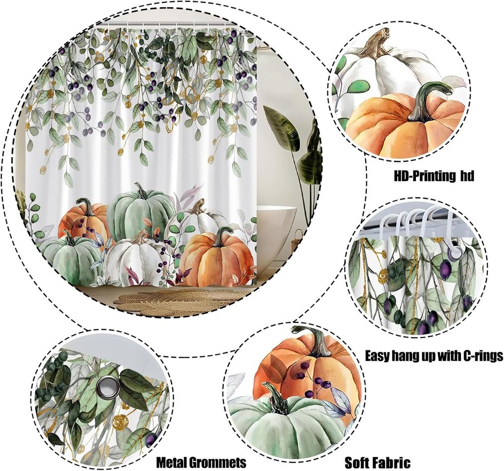 Thanksgiving Pumpkins Shower Curtain Watercolor Leaves Colorful Pumpkin Harvest Fall Autumn Fabric Decorative Bathroom Curtains