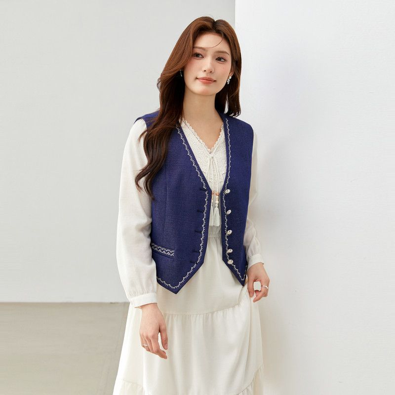 

[Retro Literary and Artistic Resort-Style Two-Piece Suit] Xianlixiu Plus-Size Women s Clothing for Fat Girls 2026 Spring New Style Navy Blue [Vest Qk0275] 5XL