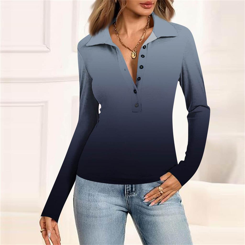 Damenmode Lässig Bedrucktes V-Ausschnitt Langarm Knopfleiste Oberteil