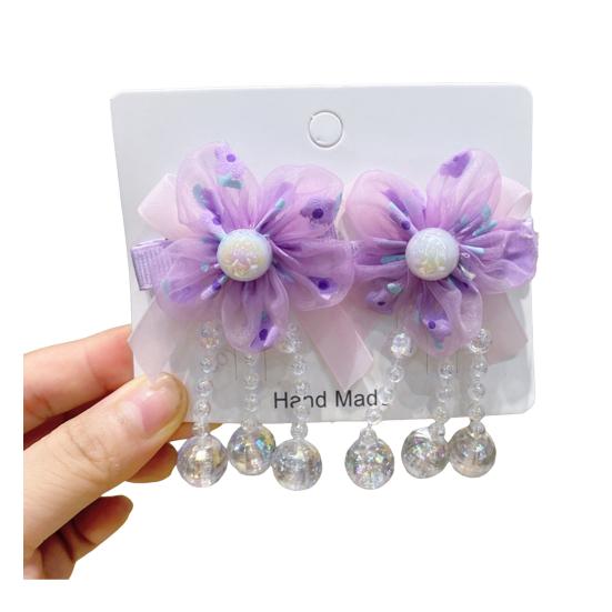 Hairpin Gradient Organza Flowers Bowknot Imitation Pearl Decor with Beaded Tassel Hair Clip