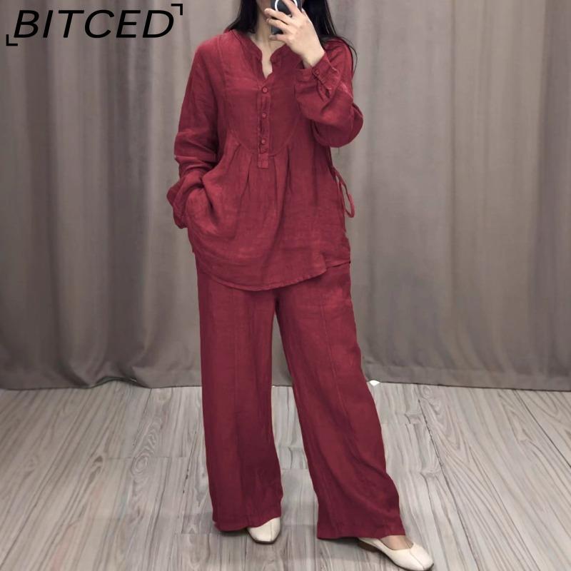 BITCED Autumn Fashion Comfortable Cotton-Linen Blend Long-Sleeve Half-Buttoned Casual Drawstring Wide-Leg Pants Set
