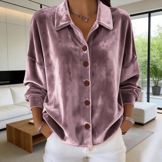 Women Shirt Lapel Long Sleeve Velvet Texture Solid Color Shirt Tops Loose Fit Buttons Placket Commuter Tops Work Wear
