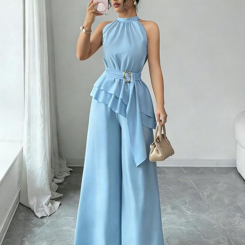 European Style Women Clothing Spring and Summer Fashion Round Neck Wide Leg Pants Elegant Set S