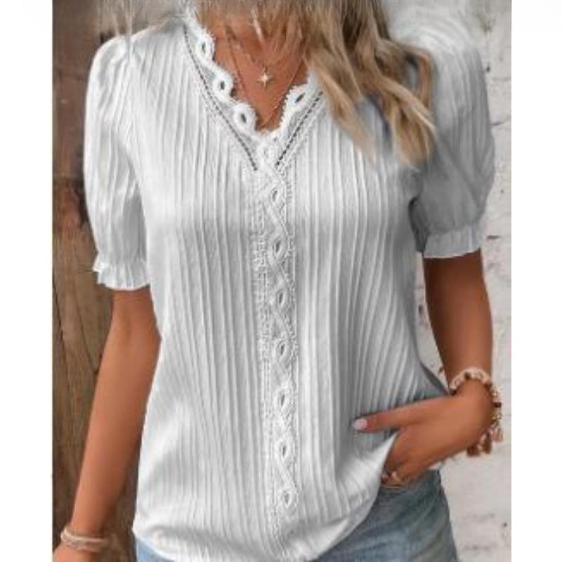 VEZFAA Moda damska Casual Letnie bluzki i koszule w jednolitym kolorze z nadrukiem, pustymi rękawami i dekoltem w kształcie litery V