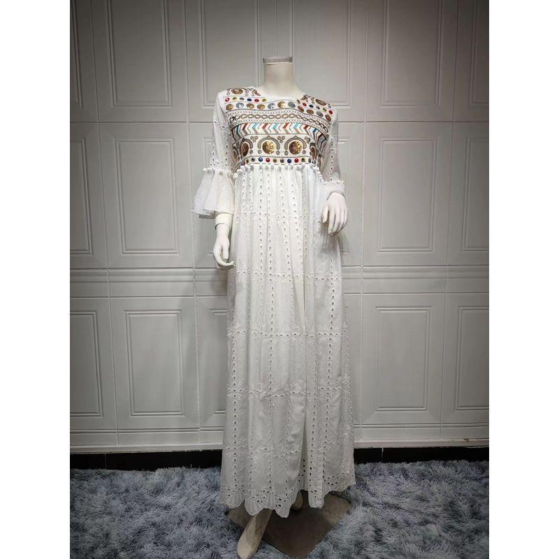 

European and American Bell Sleeve Fashion round Neck Loose Sequined Embroidered Dress Sequin Embroidered Dress White L