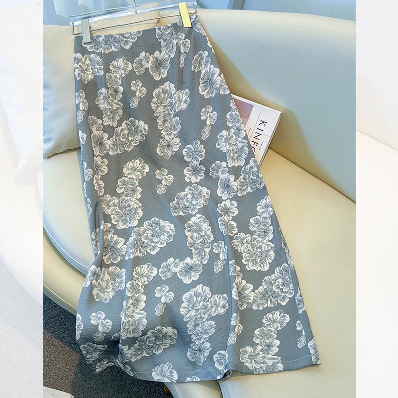 2025 Women's High-Waisted Satin Floral Midi Skirt - Summer A-Line Pencil Design