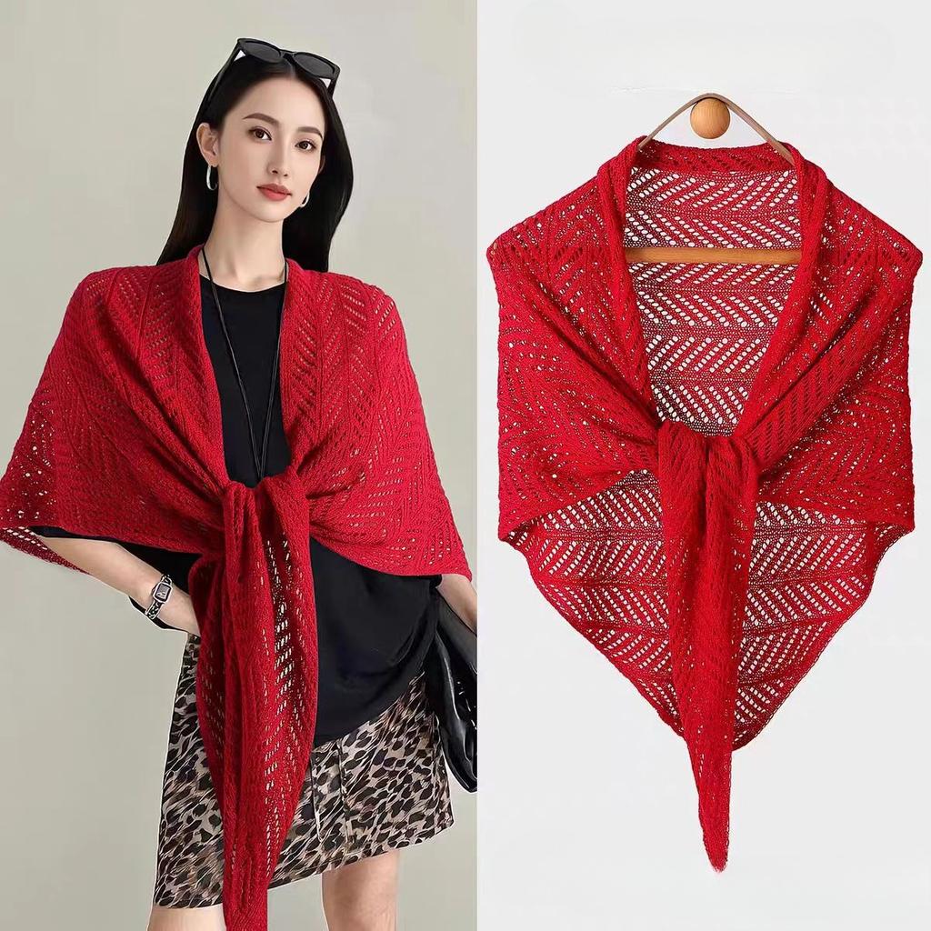 Summer Hollow Out Knitted Shawl Solid Color Women Ladies Fake Collar Neck Guard Knit Thin Knotted Cape Shoulder Scarf For Women