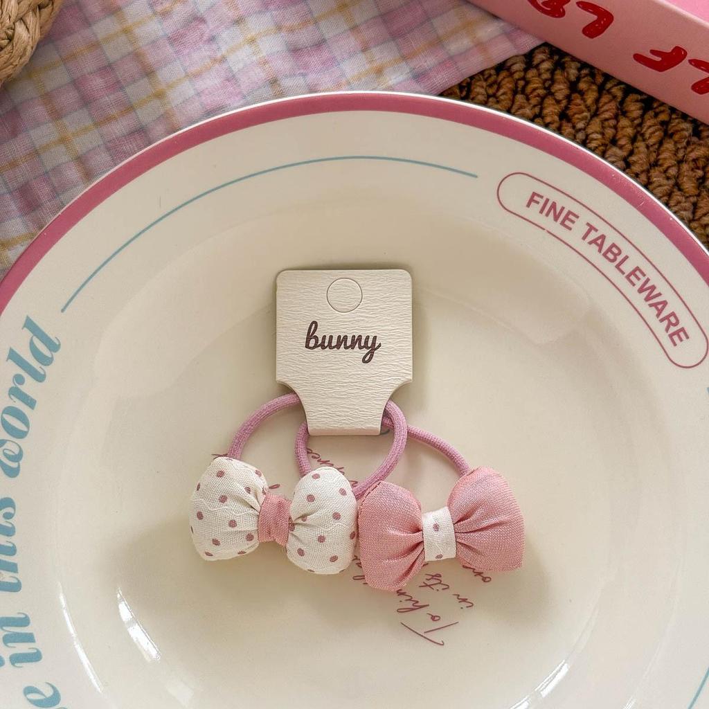 Korean Style Pink and White Polka Dot Cotton Flower Bow Hair Tie for Girls - High Elastic Double Ponytail Rubber Band