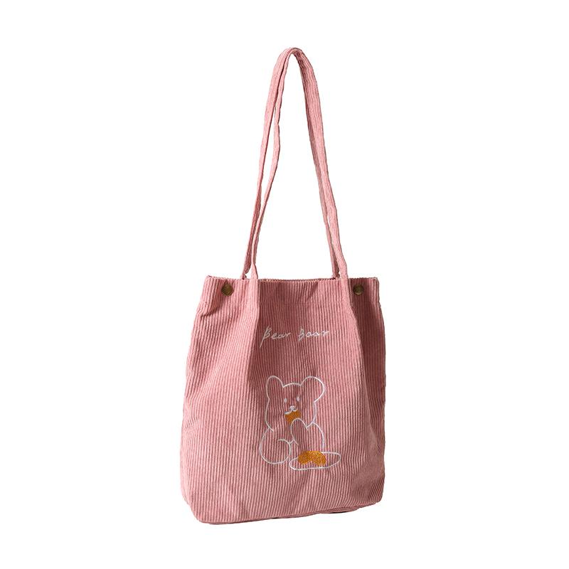 Women Corduroy Shoulder Bags Bear Pattern Ladies Casual Handbag Reusable Large Capacity Tote Bags Casual Female Shopping Bags