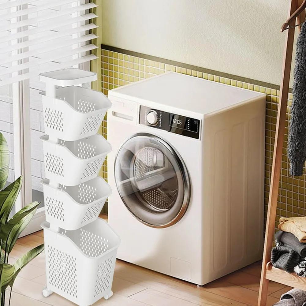 Dirty Clothes Basket Bathroom Laundry Shelf Rolling Baskets with Wheels Toy Trolley Storage Rack Clothing Cart Organizer Shelves