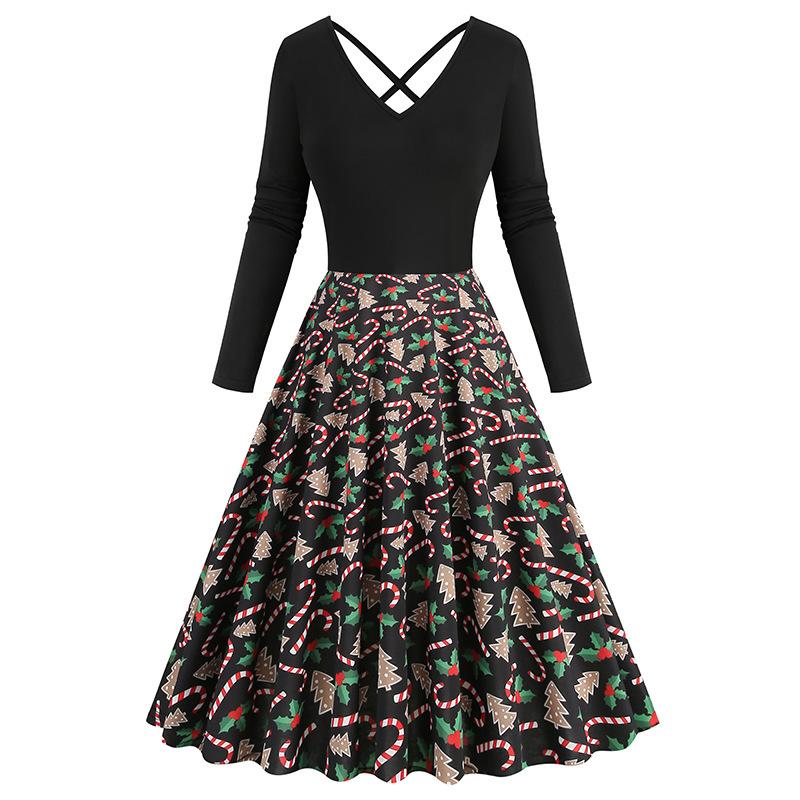 

Рождественское нарядное женское платье, зимнее с V-образным вырезом, с длинным рукавом, черное, с лоскутным принтом, ретро платье-маятник XXL чёрный