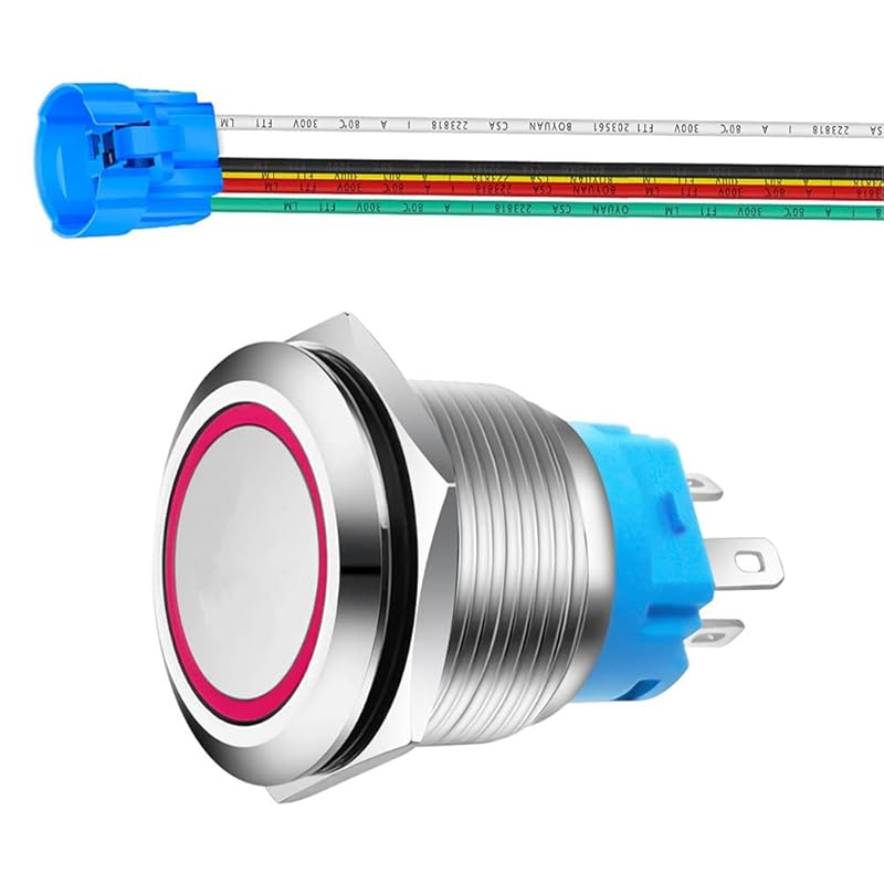 22mm Momentary Push Button with Wire Socket 3A-12-24V(AC/DC) 1NO 1NC SPDT On Off Metal Waterproof IP65 Self Reset (Red&Green LED)