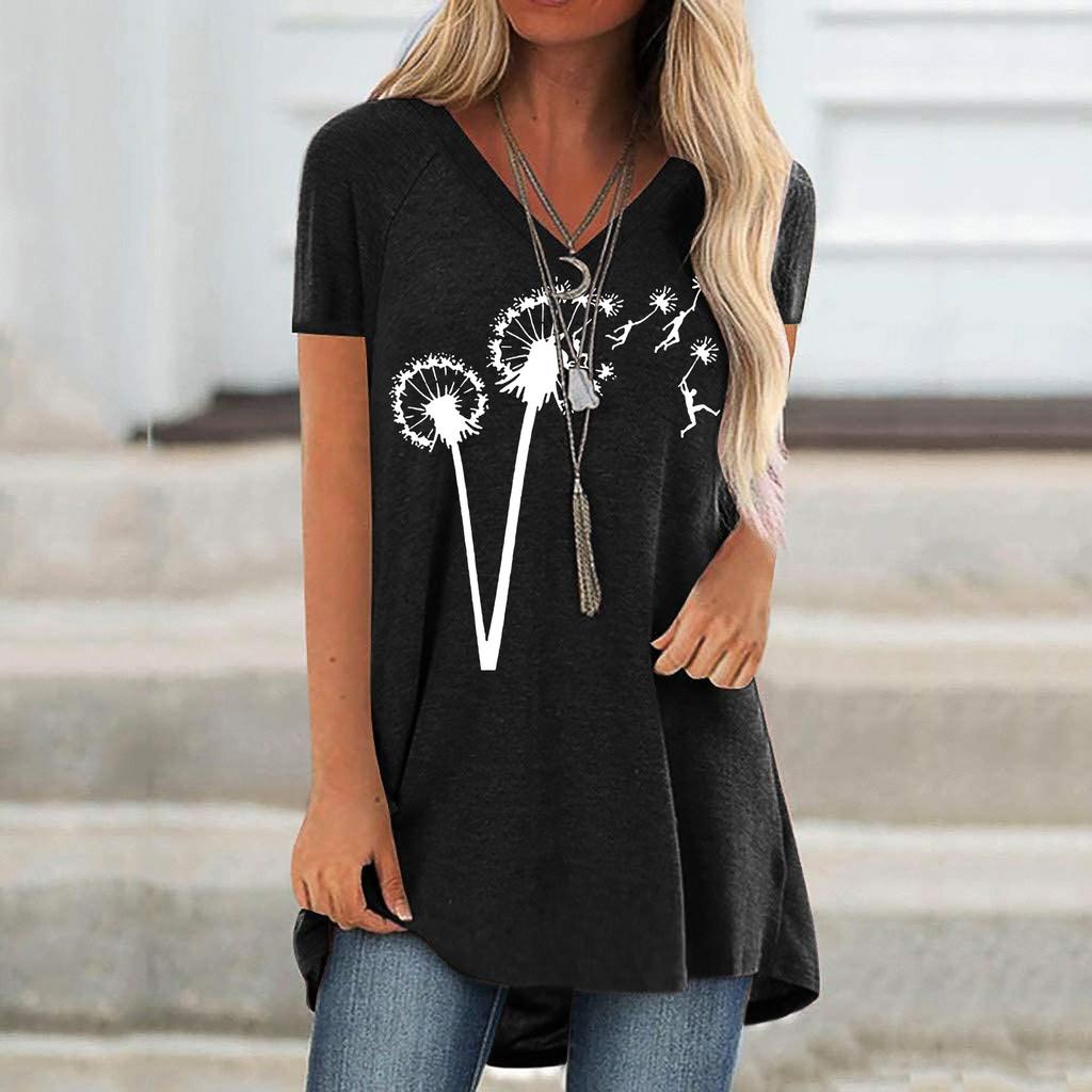 Women Fashion Casual Print V-Neck Loose Short Sleeve T-shirt Top Blouse Pullover