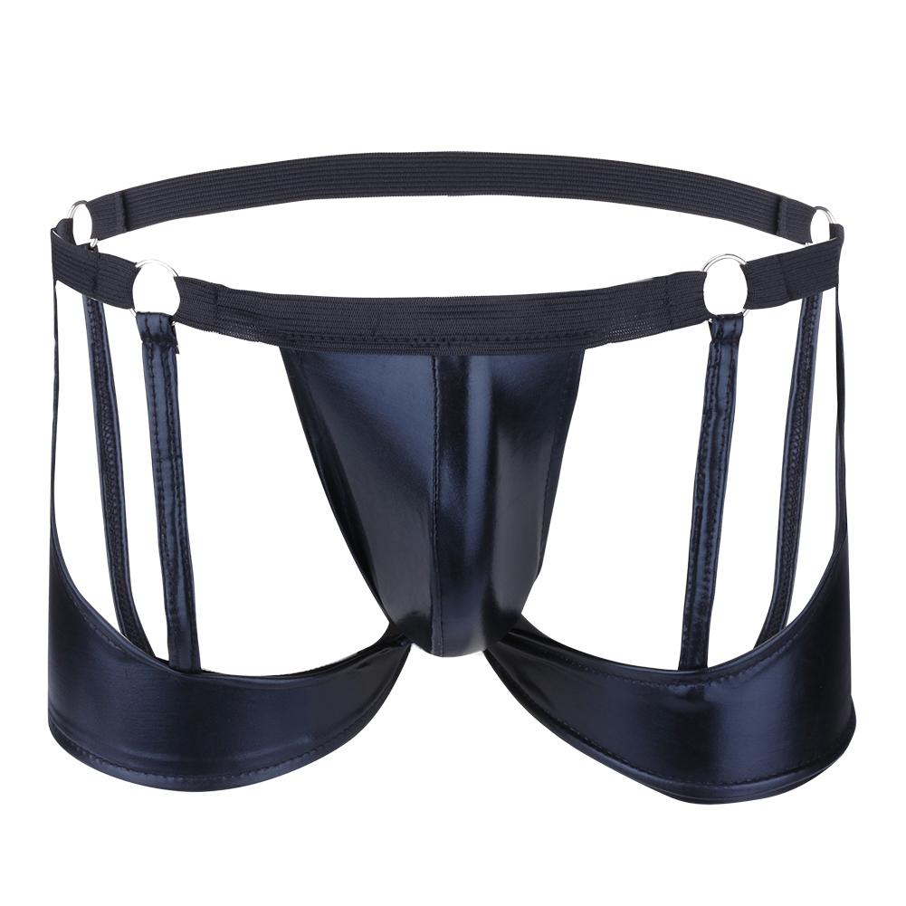 Adults Mens Front Bulge Pouch O-Rings Patent Leather Boxers Briefs Gay Underwear Underpants