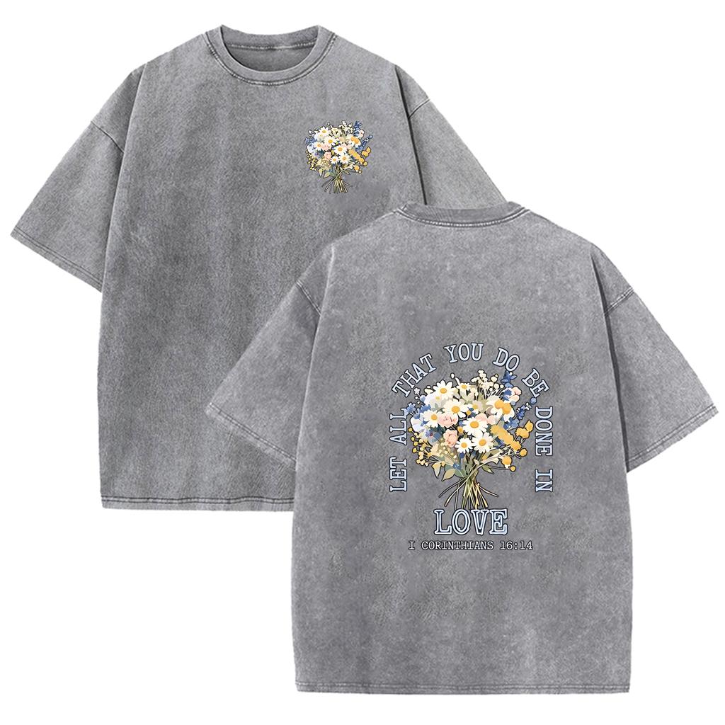 Men Women Vintage Washed Floral T-Shirt Boho Flower Bouquet Letter Graphic Crew Neck Short Sleeve Shirt Top