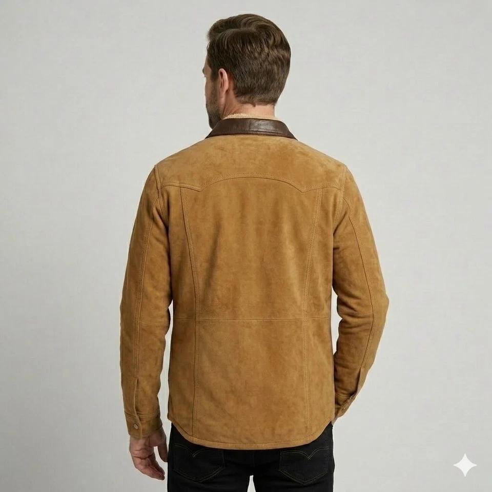 Tan Brown Button Shirt Trendy Real Soft Suede Lambskin Leather Fit Men’s Stylish