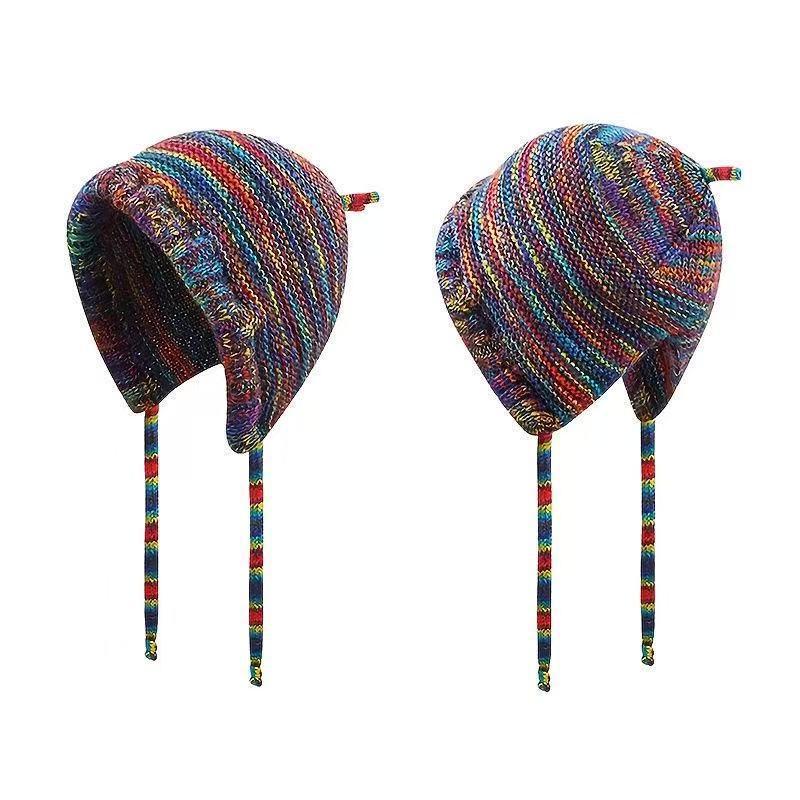 

Женская модная вязаная шапка-бини в радужную полоску с защитой ушей One Size