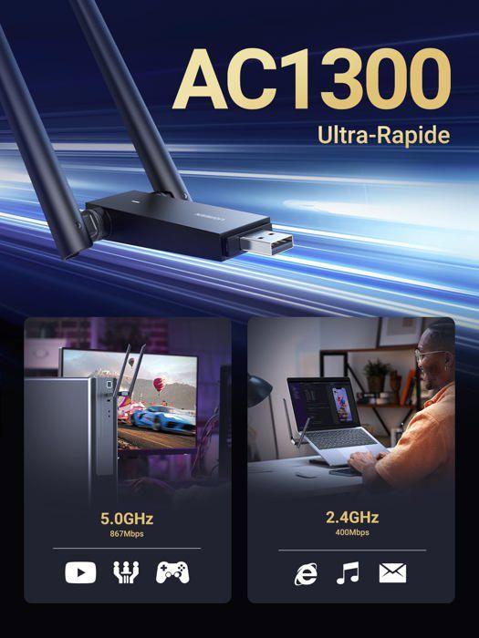 Adaptateur WiFi USB - Ugreen - 50341 - 1300Mbps - Double Antenne - Angle Réglable