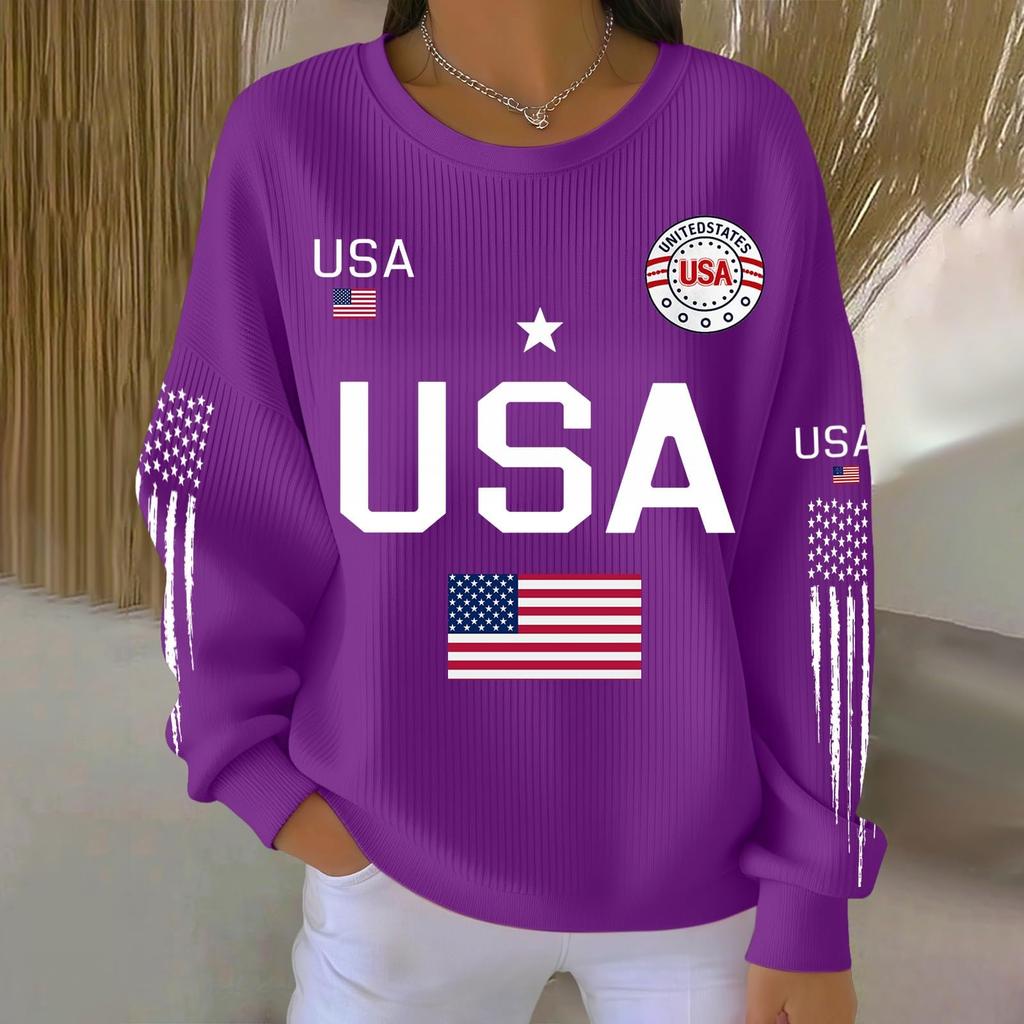 Bluza z długim rękawem z nadrukiem liter USA, z okrągłym dekoltem, casualowa, luźny krój, top dla kobiet, mężczyzn, unisex, wzór flagi