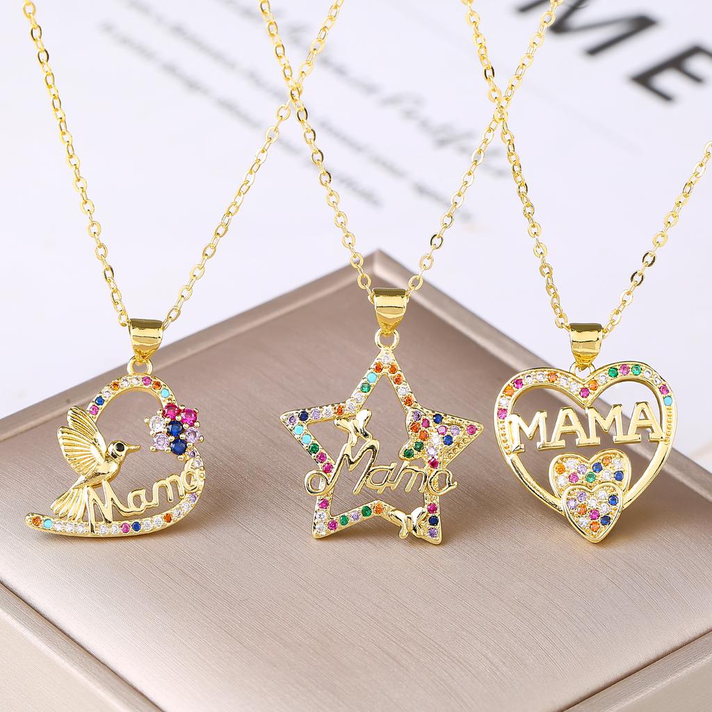 Gold-Plated Colored Zircon Heart Shape MAMA Pendant Necklace Fashion for Women Mom Party Birthday Jewelry Mother's Day Gift