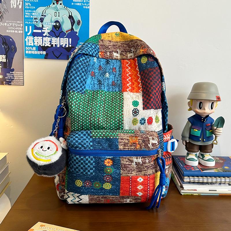 New Trendy and Fashionable Contrasting Colors Ethnic Style Large Capacity Backpack Niche Original Lazy Style Floral Cloth Backpack