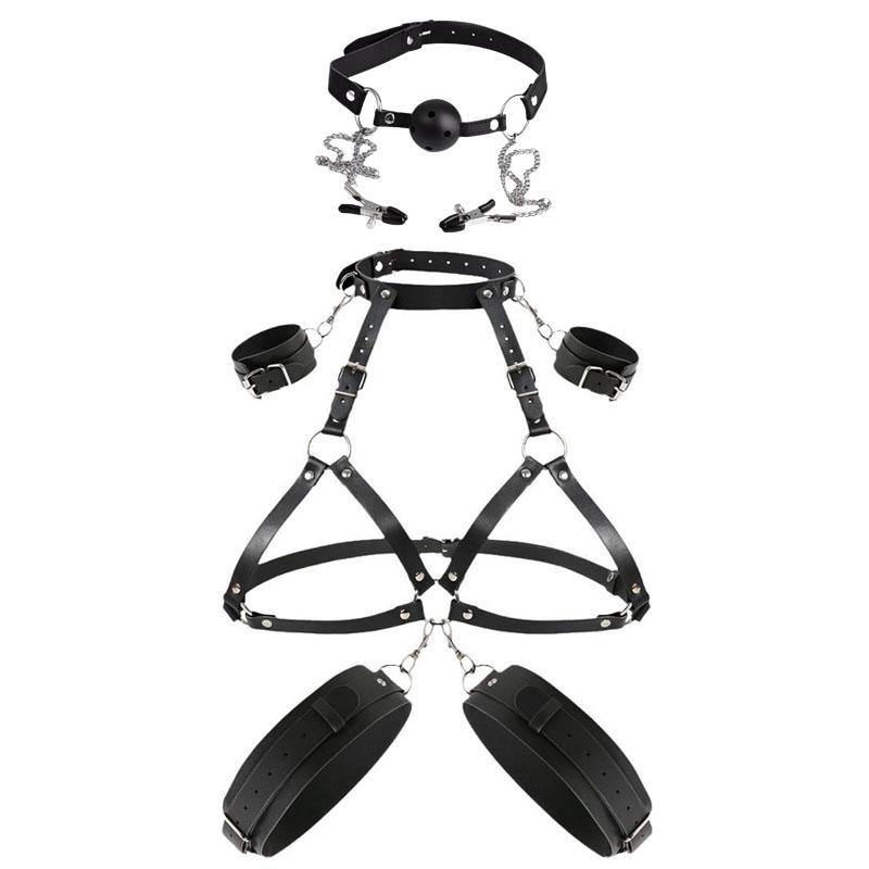 Kit Bondage Sex Set Neck to Thigh with Ball Gag Nipple Clamps Sexy Harness Sex Bondage Restraints SM Game Adult Sex toy